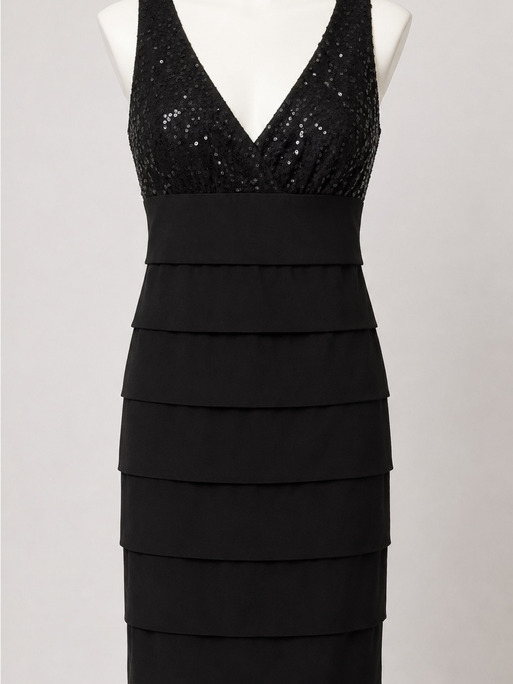 Black Sequin Tiered V-Neck Evening Dress